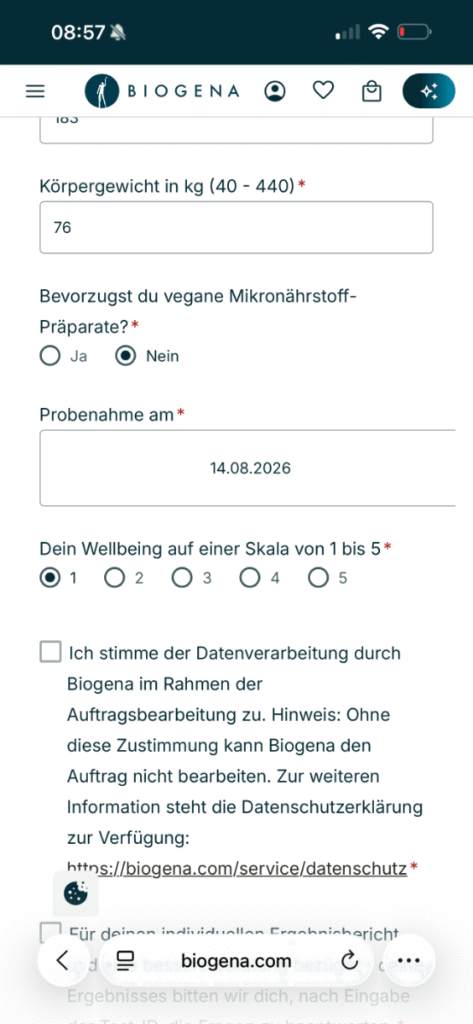 Online-Fragebogen zum Biogena Wellbeing-Check mit Angabe des Probenahme-Datums